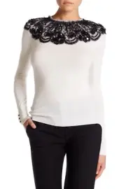 $1890 New Oscar de la Renta Paillette Lace Embellished Wool Pullover White M