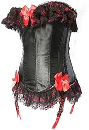 [SWEPER] Women'S Bustier Corset Top - Black Reverse Red Color Plus Size Side Hooks Closure Women Bustiers Sexy Pleated Lace Trim Corset With Suspendered Belts