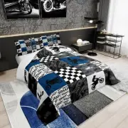 Dirt Bike Comforter Set Queen Size Black Grey Blue Motocross Rider Bedding Se...