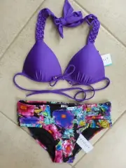 Seafolly Bikini AU 8 Purple Tri Moulded Halter & Black Paradiso Ruch Retro Pant