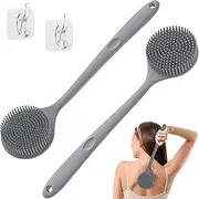 Manmihealth Silicone Back Scrubber for Shower 2 Pcs(Thick+Thin Bristles), 15'' Long Handle Body Scrubber, Light & Easy-to-Hold Shower Brush for Skin Exfoliating and Massaging with a Free Hook (Gray*2)