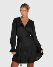 [Belle & Bloom] Wild Flower Embroidered Wrap Dress - Black