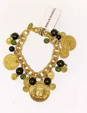 Miriam Haskell Faux Gold Charm Bracelet With Faux Green Pearls and Beads