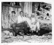 Fabian Stewart Granger sitting outside cabin between scenes from t- Old Photo