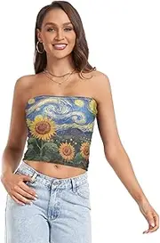 [RPLIFE] Starry Night Sunflowers Tube Crop Tops for Women, Trendy Crop Tops, Mesh Tube Tops, Summer Tops (S)