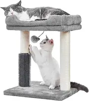 Cat Tree 4 in 1 Cat Scratching Post with Cat Bed Featuring with Cat Self Groomer Wide Cat Perch Natural Scratching Post and Danging Ball for Indoor Cats-Grey