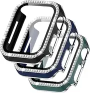 [YuiYuKa] 3 Pack Compatible for Apple Watch 45mm 41mm 44mm 40mm Bling Case with Tempered Glass Screen Protector,Hard PC Crystal Diamond Rhinestones Protective Cover for iWatch 8 7 6 5 4 SE