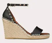 Valentino Rockstud Black Ankle Strap Espadrille Platform Wedge Sandal Heel 41