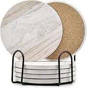 6Pcs Drink Coasters with Holder, Marble Style Ceramic Drink Coaster, Absorbent Coasters Set Suitable for Kinds of Cups, Modern Style Coasters for Coffee Table, 4 Inches