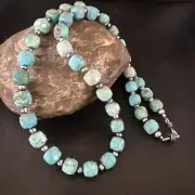 Faceted Blue Turquoise Navajo Sterling Silver Beads Necklace 21” 17727