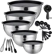 Strelitsia Mixing Bowls Set of 5,Stainless steel Nesting Bowls with Airtight Lids,Size 5, 4, 3.5, 2, 1.5QT for Baking,Cooking,Prepping and Saving Food (Black, 25 Pieces)