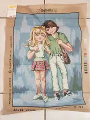 Vintage Gobelin Tapestry Needlepoint Canvas Preppy Teenage Couple, Cute!!