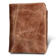 Genuine Cowhide Leather Crazy Horse Texture Zipper 3-folding Short Style Card Holder Wallet RFID Blocking Coin Purse Card Bag Protect Case for Men, Size: 12*9.5*4cm(Taupe)
