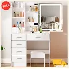 Dressing Table Makeup Stool Set Vanity Desk with LED Sliding Mirror and Drawers