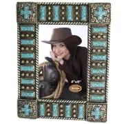 Cross Vintage Ornate Turquoise Silver 8.5 Inch Polyresin and Glass Photo Frame