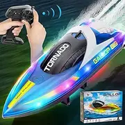 RANFLY RC Boat for Kids 8-12, 15+ MPH Fast Remote Control Boat with LED Lights, 2.4G RC Electric Boats Pool and Lakes Toys for Adults, Blue