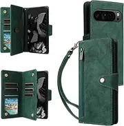 [YocoverTech] for Google Pixel 9 Pro XL 5G Case,for Google Pixel 9 Pro XL 5G Wallet Case[6 Card Slots and 1 Zipper Coin Pocket] PU Leather Stand Flip Cover with Wrist Strap-Green