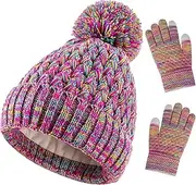 [Hotme] Kids Winter Hat and Gloves Set, Girl Warm Knit Beanie with Pom Fleece Lined for Toddler Boys Girls 1-6 Years