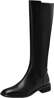 [Vrupons] Women Comfort Cowhide Leather Low Chunky Heels Knee High Knight Boots with Side Zipper and Square Toe