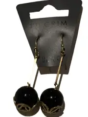 Dangle Drop Ball Earrings Hook Back Black And Gold Tone Pilgrim Danish Design
