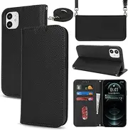 Cavor Crossbody Wallet for iPhone 12 Case iPhone 12 Pro 6.1'' Case Litchi Pattern Flip PU Leather Magnetic Shoulder Lanyard with Card Slots Kickstand Protective Cover for Woman Man-Long Strap Black