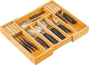 CARLA HOME Bamboo Expandable Drawer Organizer with Knife Block Holder for Home Kitchen Utensils, Large Capacity, Adjustable Cutlery Tray, Tableware Storage Box Utensil Tray, Drawer Organizer