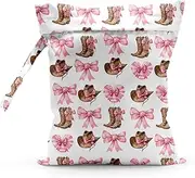[Sldpngo] Waterproof Cloth Diaper Wet Dry Bag Reusable Travel Beach Pool Daycare Soiled Toddler Items Yoga Gym Bag for Swimsuits Wet Clothes Bags - Pink Bow Western Boots Hat Pattern