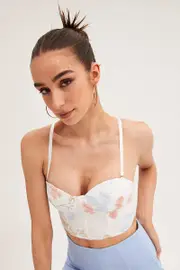White Floral Print Lace Up Back Corset Top Lingerie - Size L, Women's Lingerie