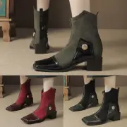 Ladies Leather Suede Square Toe Flat Toe Chunky Heel Splicing Large Size Boots