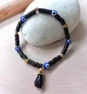 Blue Mal De Ojo Bracelet, Azul, Mano Negra Azabache, Gold, Luck Proteccion, Bebe