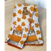 NEW Grey Tabby Autumn Cat & Orange Fall Leaves Cats Kitten Kitchen 2 Towel Set