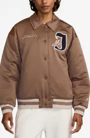 Jordan Chenille Patch Satin Varsity Bomber Jacket in Archaeo Brown/Light Brown at Nordstrom, Size Small