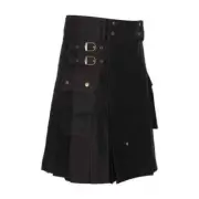 Men's Black Cotton Utility Kilt Handmade Tactical Kilt Cargo Pockets Kilts