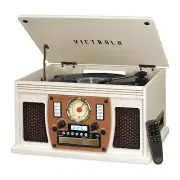 Nostalgic Wood Record Player White Modern Speaker CD Cassette Bluetooth FM Radio