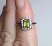 Natural Green Peridot & White Zircon Silver Plated Adjustable Healing Ring