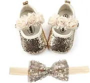 [OAISNIT] Baby Girl Mary Jane Flats Sparkly Soft Infant Princess Dress Crib Shoes with Headband