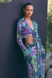 Floral Animal Viscose Georgette Beach Wrap Top