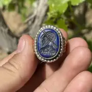 Antiqu Ancient Lapis Lazuli Stone Roman King Intaglio Rare Solid Silver Ring