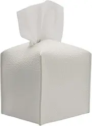 1 Pcs White Tissue Box Cover Holder, Square with Bottom Belt PU Leather Decorative Organizer for Tabletop, Bathroom, Car, Office, and Home, Waterproof Kleenex Holder, Square Napkin Dispenser