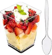 DLux Mini Dessert Cups with Spoons (165 ml x 100 Pcs) Clear Plastic Parfait Appetizer Cups, Square Large 5.5 oz Small Reusable Bowl for Party Desserts Appetizers - with Recipe Ebook