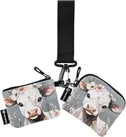 [XYMZR] Mini Zip Around Wristlet keychain Wallet Cow Flower Middle for Women Personalized Pattern Detachable Dual Pouch Wristlet Portable Wallet Phone Coin Purse, Multi-colored, One Size