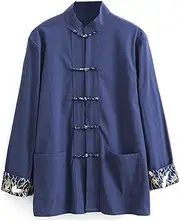 [NTWSHS] Chinese Clothing Cotton Linen Martial Arts Kung Fu Shirt Long Sleeves,Casual Tang Suit Shirt Chinese Traditional Clothing,Plus Size Loose Tai Chi Clothing Zen Meditation Uniform(Blue,4X-Large)