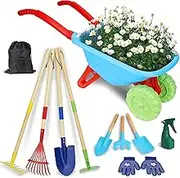 Kids Gardening Tools Set, Gardening Set for Kids, Outdoor Backyard Farm Digging Toys with Wheelbarrow Shovel, Rake, Trowel, Fork, Birthday Gifts for Boys Girls Age 3+