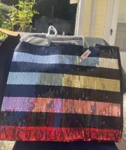 NEW VICTORIA'S SECRET BLK/MULTI-CLR STRIPED SEQUINED X LARGE TOTE BAG