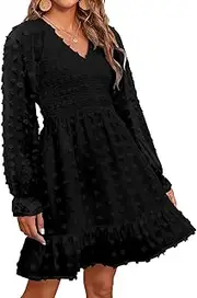 [BTFBM] Women's Long Sleeve V Neck Smocked Short Dress Cute Flowy Casual Swiss Dot Ruffle Hem Mini Fall Babydoll Dresses