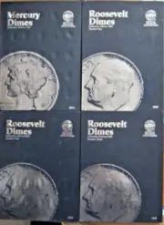 4 - Whitman Folders for Dimes 9014,9029,9034,&1939 Mercury & 3Roosevelts