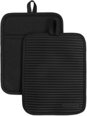 KITCHENAID Ribbed Soft Silicone Pot Holder 2-Pack Set, 7"X9", Onyx Black