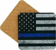 American Flag Blue Line Coaster With Cork Back 4 Pack Hardboard Square