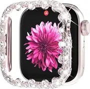 [WINGLE] Bling Bumper Case Compatible with Apple Watch Series 9/8/7 41mm Case, 4 Leaf Clover Diamond Protective Face Cover Lace Edge Hard PC Frame Protector for Apple Watch Case 41mm Women iWatch, Pink