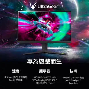 LG 32GR93U-B 32吋 4K UHD 電競顯示器 HDMI2.1 HDR400 144Hz 螢幕 電腦螢幕